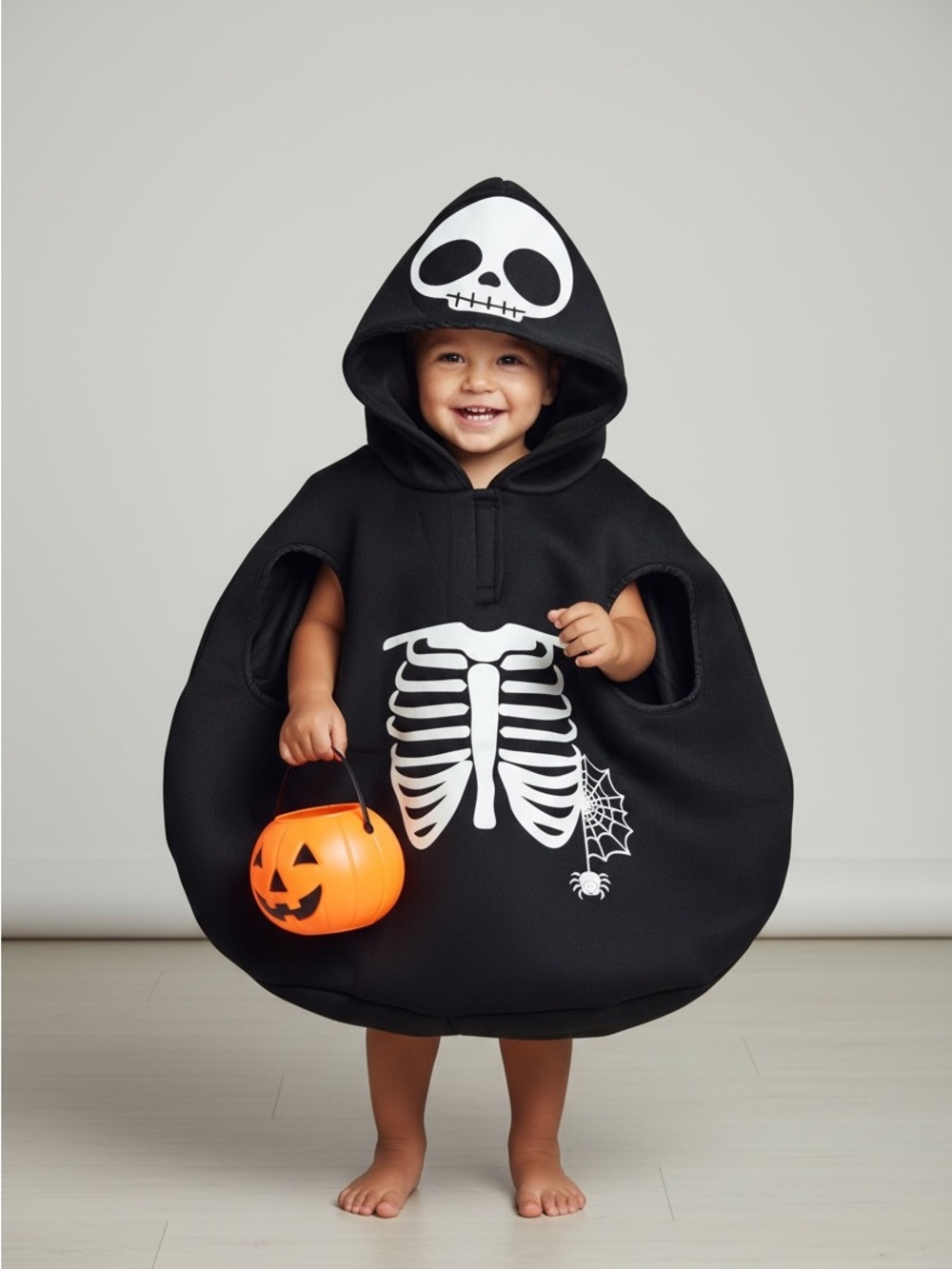 New ZARA Kids Black One-Piece Costume with White Skull Hood Sz 3-4 Years